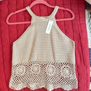 Blue Rain Large Tan Crochet Highneck Top